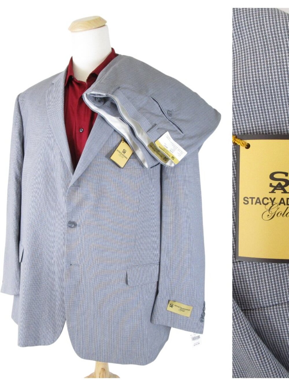 Stacy Adams Gold Gray Microcheck Three Button Suit Size 52R Pants 47 Waist